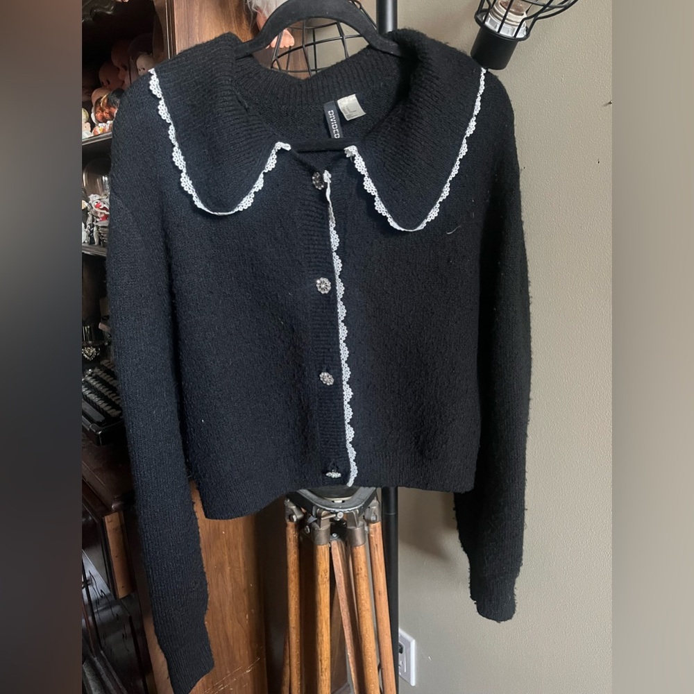 Black Knit Cardigan with Contrast Lace Trim